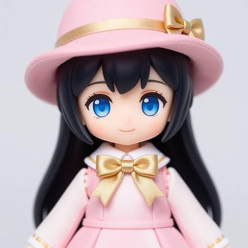 Chibi-style digital drawing of a cute anime girl with large blue eyes, long black hair, pink hat with gold bow, pink dress, and matching