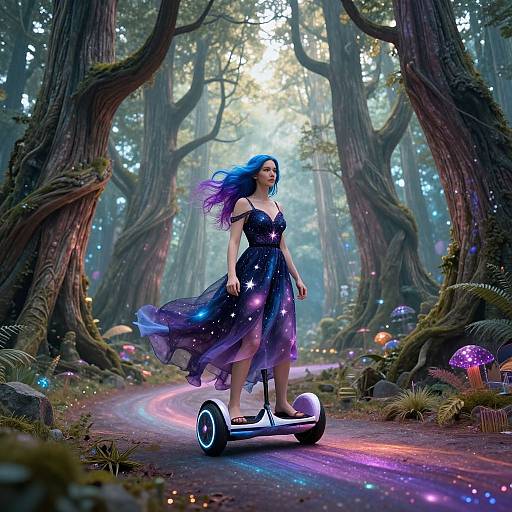 Digital art: Fairy with blue hair in a starry dress rides a glowing scooter through a mystical forest with glowing mushrooms and ethereal light.