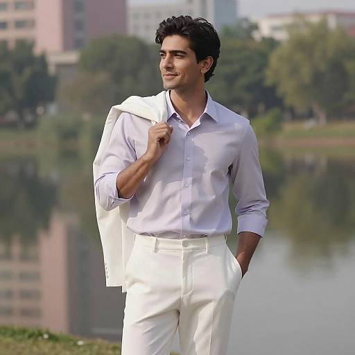 Man in Light Purple Shirt by Lake