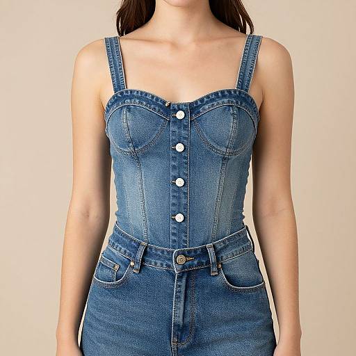 Photograph of a woman wearing a blue denim dress with white buttons, strap details, and high-waisted pockets against a plain beige background.