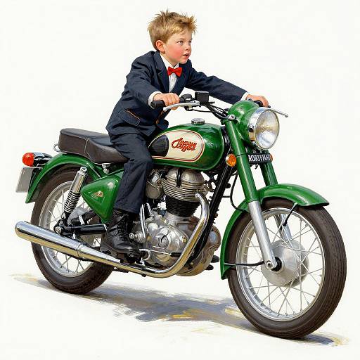 Colorful digital illustration of a young blonde boy in a black suit and red bow tie riding a green vintage motorcycle.