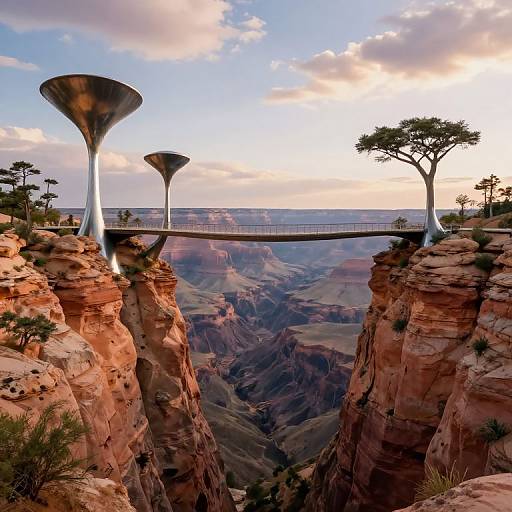 Photorealistic CGI of a futuristic landscape with two tall, mushroom-like structures supporting a bridge over a Grand Canyon-like canyon.
