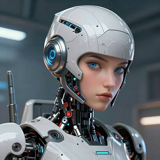 CGI image of a young, blue-eyed woman with pale skin, wearing a sleek, white futuristic helmet with blue accents, and black-and-red robotic