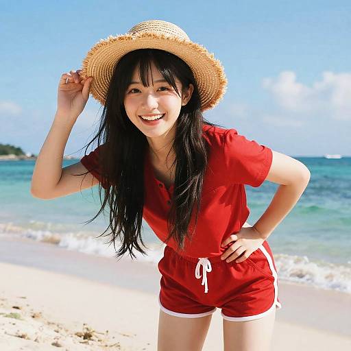 Photograph of a smiling Asian woman with long black hair, wearing a straw hat and red shorts and top, standing on a sunny beach with turquoise water