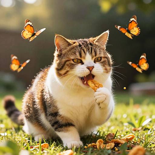 Happy Fat Cat Eating Cheetos Outdoors