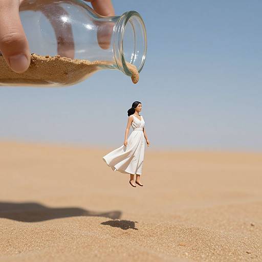 Photograph of a small woman in a white dress floating in a desert, with a hand pouring sand from a bottle above. Bright blue sky, clear