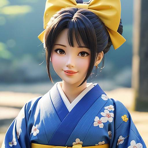 Digital artwork of a young Asian woman with fair skin, wearing a blue floral kimono and a large yellow bow, smiling gently against a blurred outdoor background