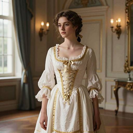 Photograph of a fair-skinned woman with wavy brown hair in a white, gold-trimmed Renaissance-style dress, standing in an elegant,