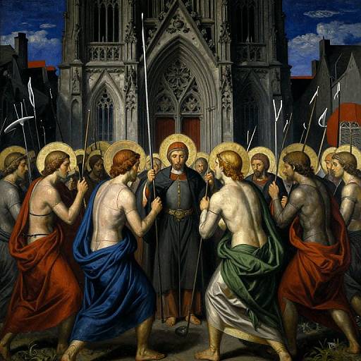 Digital painting of Jesus in a dark robe, surrounded by shirtless, halos-circled disciples, holding spears, in front of a Gothic