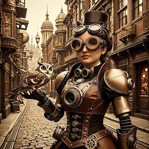 Steampunk Inventor with Robotic Owl