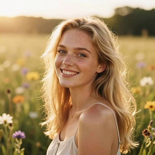 Photograph of a smiling, blonde, freckled woman with wavy hair in a white sundress, standing in a sunlit, colorful field