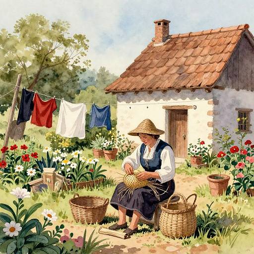 Rustic Countryside Basket Weaving Scene