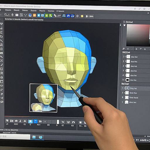 Photograph of a hand using a digital tool to edit a 3D polygonal model of a face, split into yellow and blue sections, on