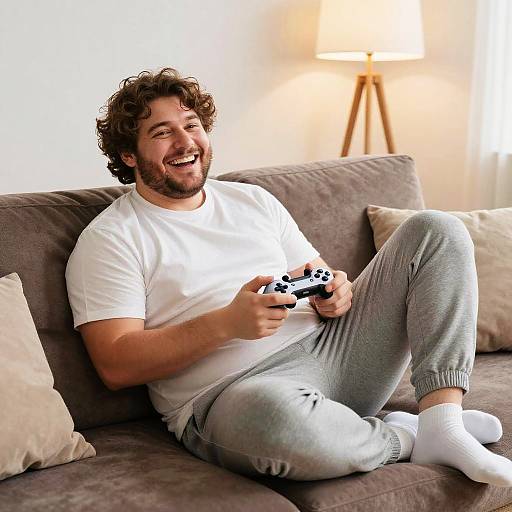 Curly-haired man with beard, white t-shirt, gray sweatpants, and white socks, laughing while playing video game on a brown couch. Warm