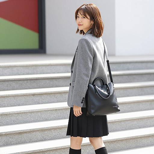 Asian Woman in Gray Blazer on Outdoor Stairs