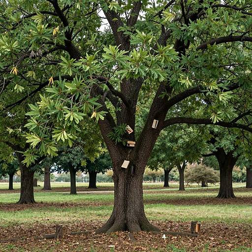 Photograph of a large, leafy tree with small paper notes attached to its branches, set in a green, grassy park with scattered autumn leaves