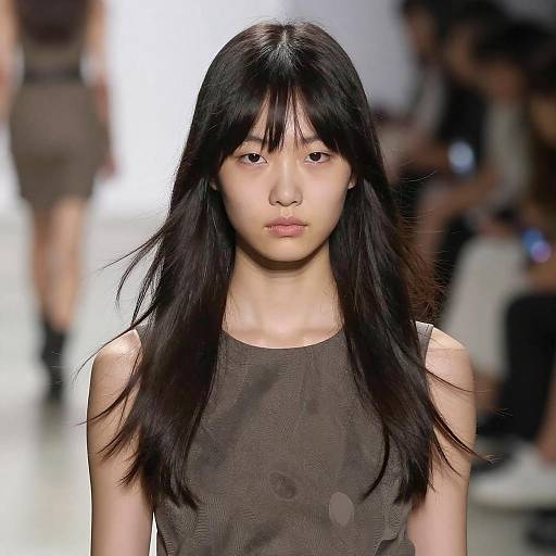 Photograph of an Asian female model with long black hair and bangs, wearing a sleeveless brown top, walking down a bright runway.