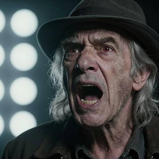 Elderly Man Screaming with Red Eyes