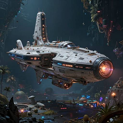 CGI sci-fi artwork: futuristic white space station with glowing orange engine, floating above a vibrant, alien jungle planet with neon lights and floating structures.