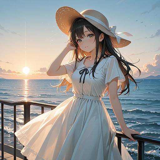 Smiling Woman in White Dress by Ocean
