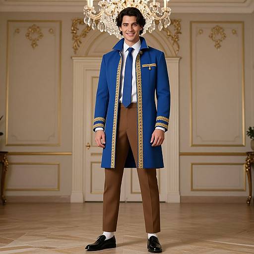 Photograph of a smiling man with dark curly hair, wearing a blue ornate coat, white shirt, black tie, brown pants, and black shoes