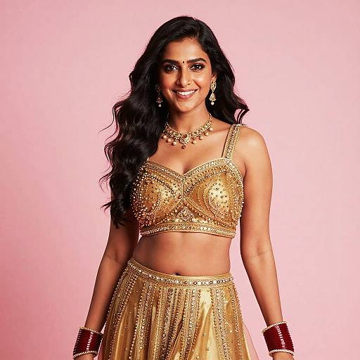 Photograph of a smiling South Asian woman with long black hair, wearing a gold embellished crop top and matching skirt, against a pink background. She