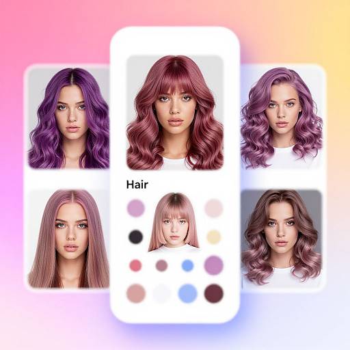 Digital collage of six women with different hairstyles, from purple wavy hair to brown curly hair, on a gradient pink-to-yellow background.