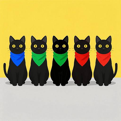 Digital illustration of five black cats with yellow eyes, wearing blue, green, green, red, and red bandanas, standing in a row against a