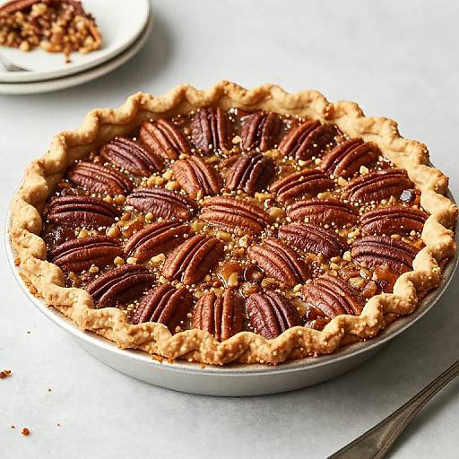 Photograph of a pie with a golden-brown crust, filled with neatly arranged, caramelized pecan slices, topped with sugar crystals, on a