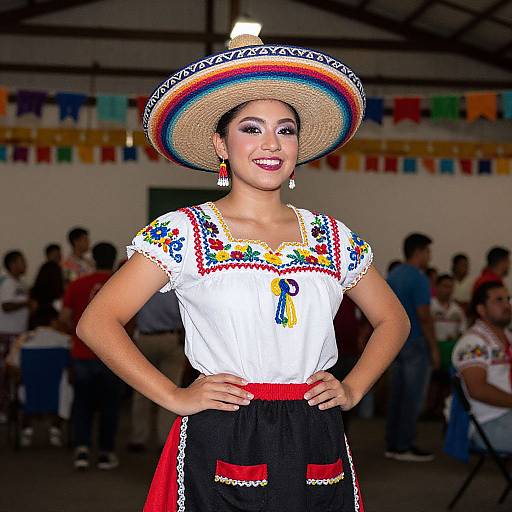 Photograph of a smiling Latina woman in a traditional Mexican outfit with colorful sombrero, embroidered blouse, black skirt, and red sash, standing confidently