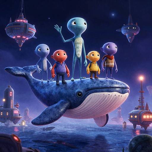 Whimsical Alien Characters Riding Sky Whale in Futuristic Neon City