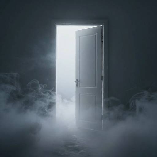 Mysterious, dimly-lit room with an open white door emitting bright light, surrounded by thick, eerie white mist. Photograph.
