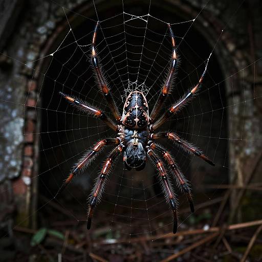 Photograph of a brightly lit, iridescent spider centered in its web, with glowing orange accents and dark background, arched structure blurred behind.