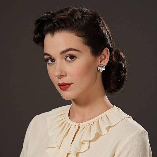 Photograph of a fair-skinned woman with dark, wavy hair, wearing red lipstick, white ruffled blouse, and diamond earrings, against a