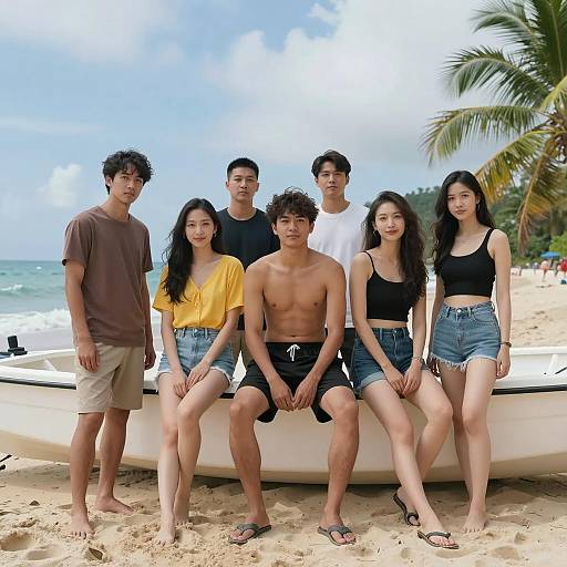 Group of Friends Relaxing on Beach with Boat