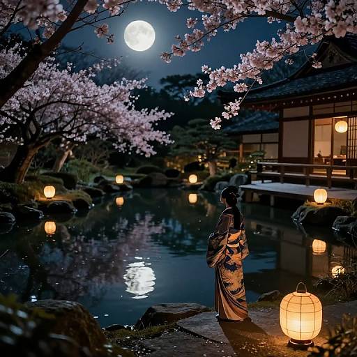 Photograph of a Japanese woman in a kimono, standing by a moonlit pond, surrounded by cherry blossom trees, illuminated by lanterns.