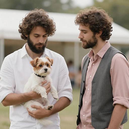Two Men with Curly Hair and Dog