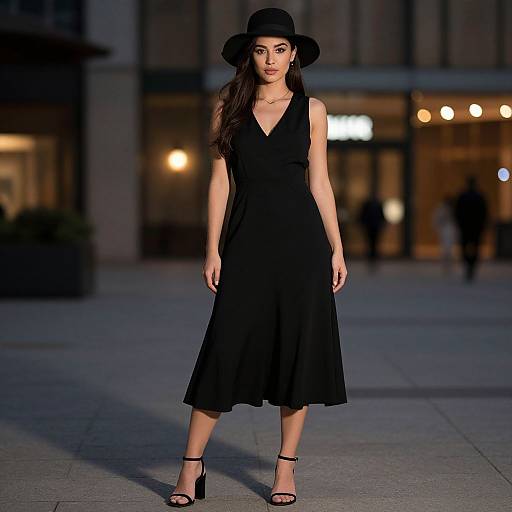 Photograph of a confident Asian woman with long dark hair, wearing a black sleeveless dress, wide-brimmed hat, and black heels, standing