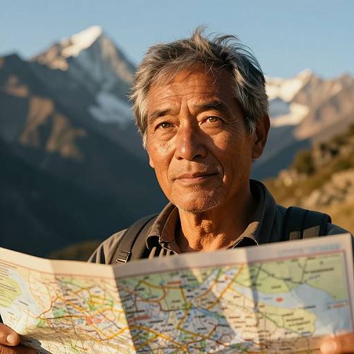 Photograph of an older Asian man with gray hair, holding a detailed map, standing in a mountainous landscape with snow-capped peaks.