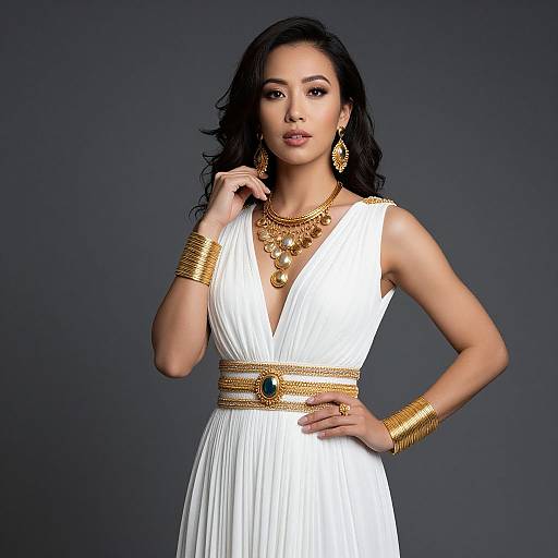 Photograph of an elegant Asian woman with long black hair, wearing a white, deep V-neck gown, gold jewelry, and accessories, against a dark