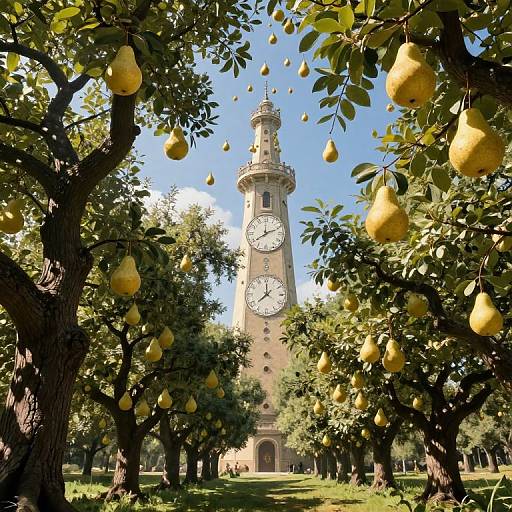 Surreal Fruit Tower with Golden Pears
