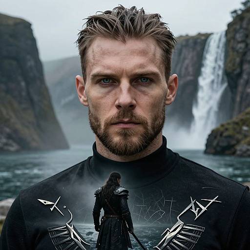 Photograph of a bearded, blue-eyed man with wet, spiked hair, wearing a black shirt with a dark figure graphic, standing in front of