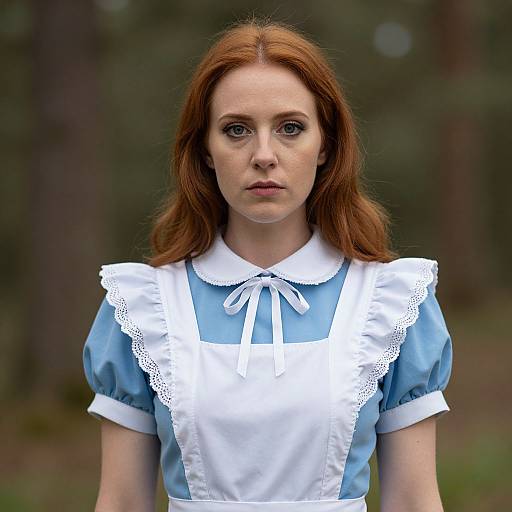 Photograph of a pale-skinned, red-haired woman in a blue and white Alice in Wonderland-style maid dress, standing in a blurred forest background.