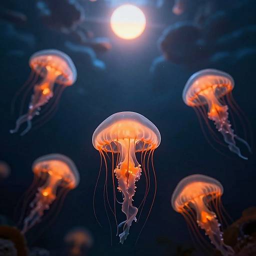 Photograph of vibrant orange jellyfish with translucent bells and flowing tentacles, glowing against a dark blue underwater background with a bright moon-like light at the