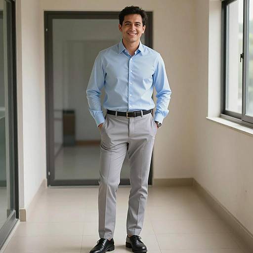 Man in Light Blue Shirt and Grey Pants Standing in Hallway