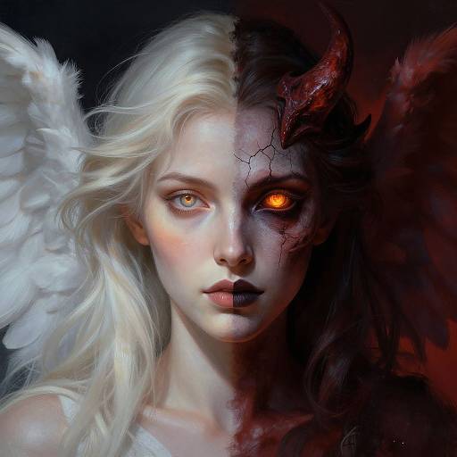 Digital artwork of a pale-skinned, blonde-haired angelic demon with cracked, fiery orange eye, red horn, white feathered wing, and dark