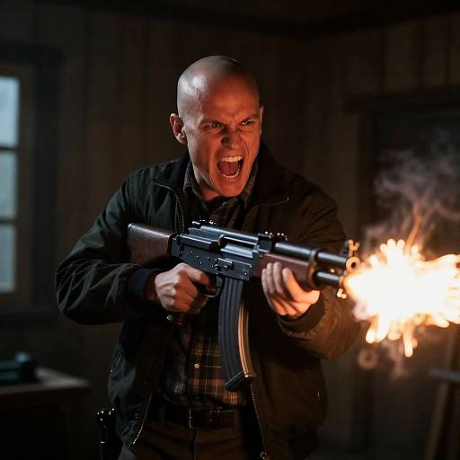 Bald Man Firing Gun in Dim Room