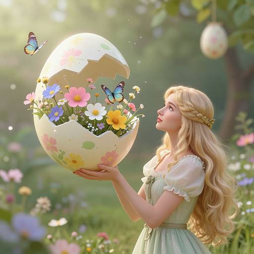 Digital painting of a blonde woman with wavy hair, wearing a green dress, holding a flower-adorned, egg-shaped object, surrounded by butterflies
