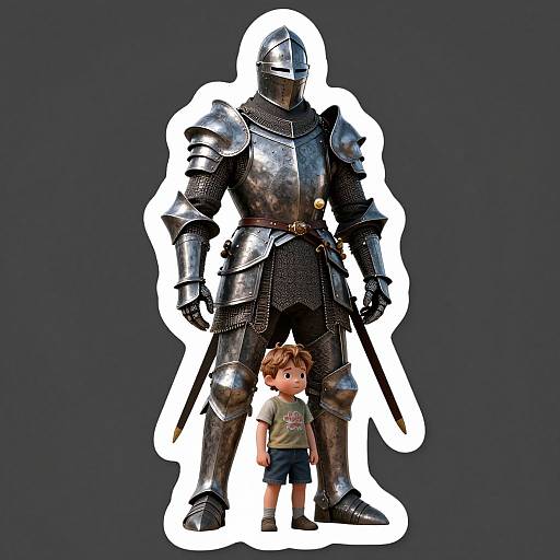 Photograph of a child in a t-shirt and shorts standing in front of a large, detailed, silhouetted knight in shining armor. Dark