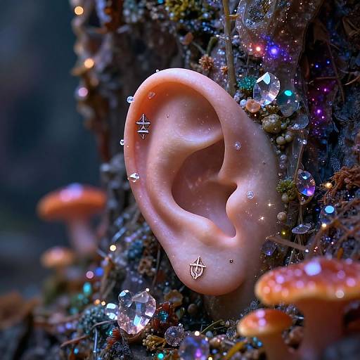 Photorealistic CGI of a glowing, pink ear amidst a magical forest, adorned with sparkling crystals, colorful lights, and red mushrooms.
